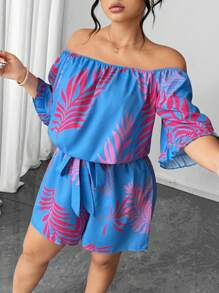 Elenzga Plus Size Women's Tropical Floral Print Ruffled Off Shoulder Jumpsuit - Multicolor - View 5