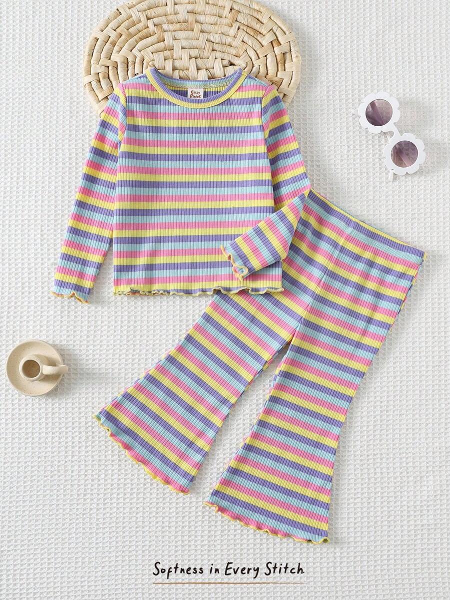 Cozy Pixies Baby Girls 2pcs Set Bow Decor Colorful Striped Round Neck Short Sleeve Crop Top And Flare Pants Baby Girl Striped Outfit Rainbow Baby Outfit Toddler Striped Two Piece Set Baby Bell Bottom Outfit Knit Toddler Set
