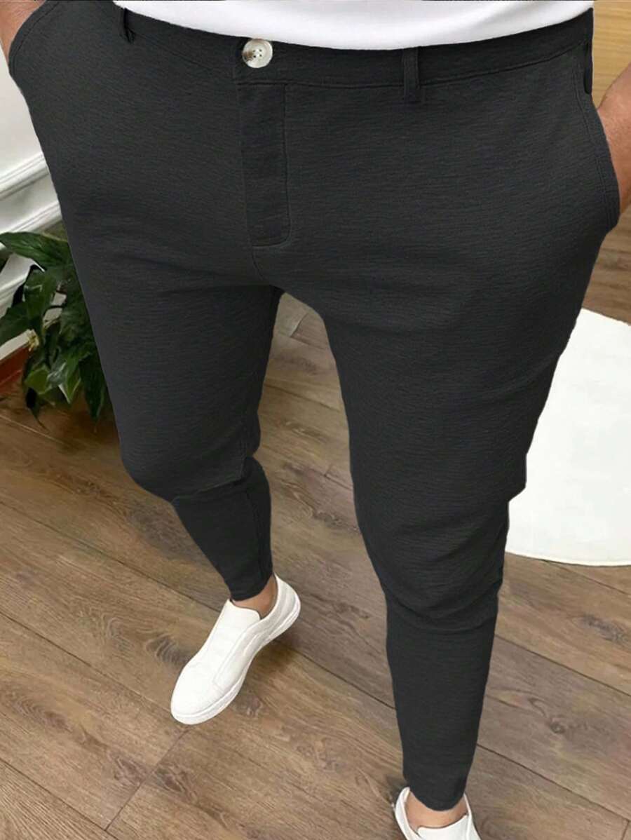 Manfinity Homme 男士直筒针织黑色基本款长裤,休闲男士的理想之选,修身弹力裤,黑色慢跑裤,男士黑色正装裤,修身黑色长裤,秋季款 - 黑色 - 查看 1