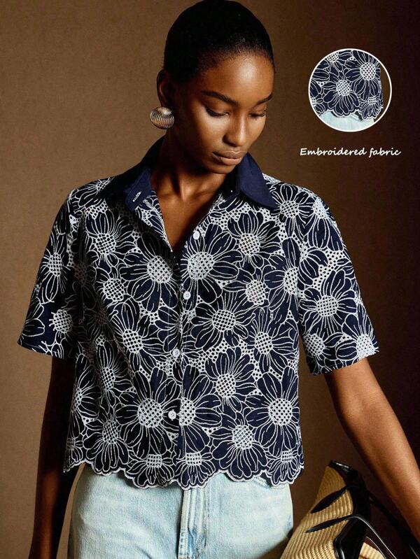 Écloséra Elegant French Vintage Shirt Collar Short Sleeve Open Placket Button Blue Woven Embroidery Spring Summer Women's Shirt Vintage Clothes Women