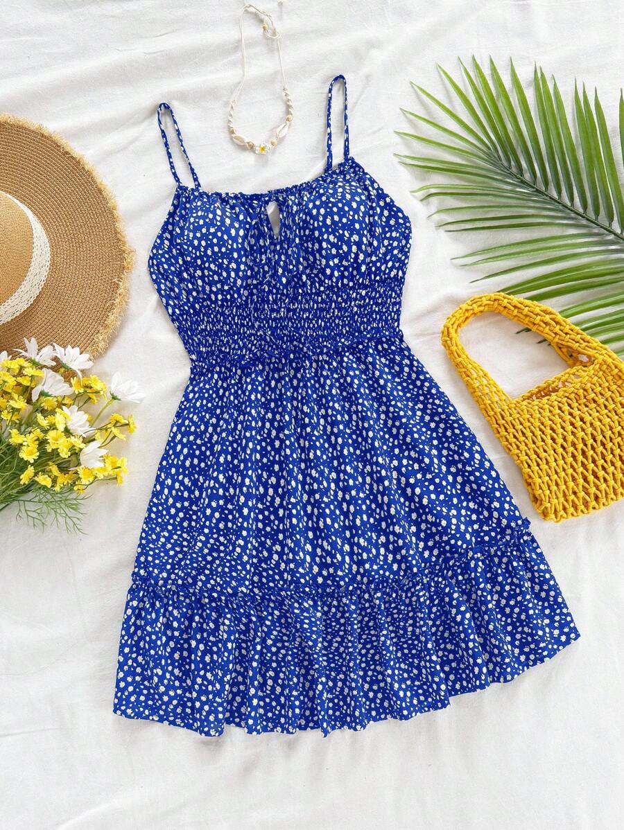 Soleia 小碎花前繫帶吊帶連衣裙 - 藍色 - 查看 1