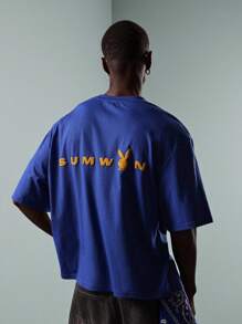 PLAYBOY X SUMWON Summer Streetwear Classic Rabbit Logo Cropped Short Sleeve Cotton Jersey Casual Oversized Fashion T-Shirt - Navy Blue - View 2