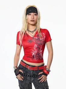 SHEIN HypeZone Áo thun tay ngắn có mũ thời trang ngoài trời cá tính dành cho nữ, mùa hè - Đỏ - Xem 4