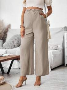 SHEIN Fashionable Loose Maternity Wide Leg Casual Solid Color Pants - Khaki - View 5
