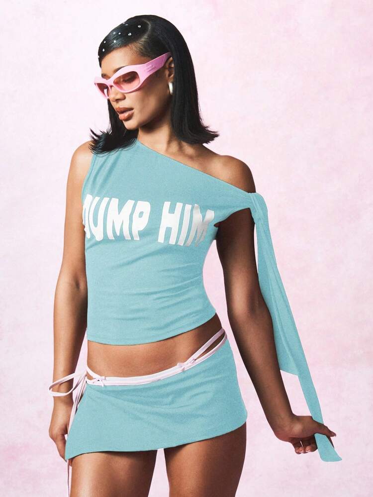 SUMWON WOMEN Off Shoulder Asymmetric Crop Top With Side Tie