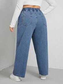 SHEIN EZwear 加心刺绣阔腿牛仔裤 宽腿牛仔裤 女童宽腿牛仔裤 女式宽腿牛仔裤 - 中等水洗藍 - 查看 2