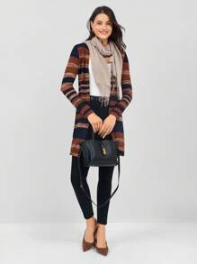 Miaspire 女士休闲前开条纹印花外套 - 彩色 - 查看 4