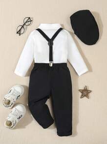 SHEIN 3pcs Baby Boy Formal Gentleman Outfit: White Collar Long Sleeve Shirt With Bowknot, Elastic Waist Suspender Pants And Gentleman Hat, Fashionable And Stylish, Suitable For Birthday Party, Evening Party, Wedding, Wedding Guest, Ring Bearer, Page Boy, Spring & Autumn, Best Choice For 6 Months To 3 Years Old Boys, Infant Wedding Gentleman Set Back To School Season Fall Winter