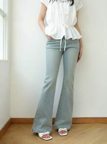K-Vae Women's Light Wash Denim Flared Jeans With Sparkly Rhinestone Embellishments. Stylish Extra Long Bell Bottom Jeans For A Look.