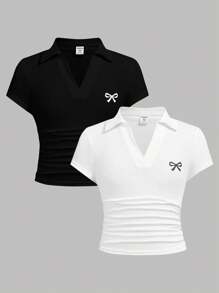 Girlism 2pcs/Set Tween Girl White&Black Versatile,Square V-Neck Short Sleeve T-Shirt, Designer Style, Summer Casual Polo Shirt, Waist-Length, Fitted Cut,Clean Girl Girls Shirt Pack Pack Of Tops Black And White Tops For Teen Girls Bow Shirts Shirts For Tween Girls Black And White