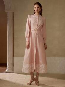 MOTF PREMIUM EMBROIDERY BUTTON UP DRESS - Pink - View 6