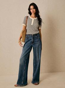 Poéselle Áo len dệt kim tay ngắn sọc thường ngày mùa hè cho nữ - màu đen - Xem 2