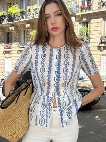 Pariaura 女士时尚短袖修身衬衫，优雅印花，春夏学院风服装 - 彩色 - 查看 1