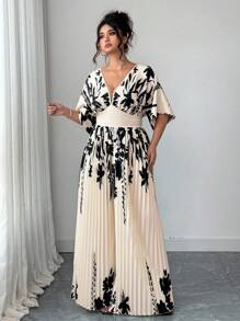 Elenzga 女式印花深V领蝙蝠袖褶皱优雅连体裤商务休闲夏季女装西装 - 彩色 - 查看 5