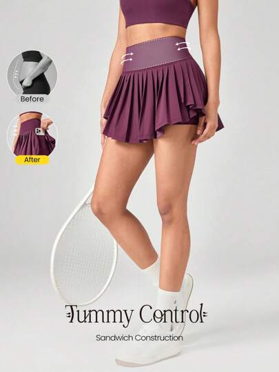 GLOWMODE Falda de tenis con control de abdomen plisada y shorts integrados con bolsillos laterales, para tenis, golf y uso diario en primavera y verano