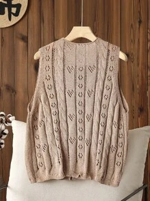 SHEIN LUNE كارديجان نسائي أحادي اللون أكمام بدون أكمام رقيق بفتحات - بني فاتح - مشاهدة 2