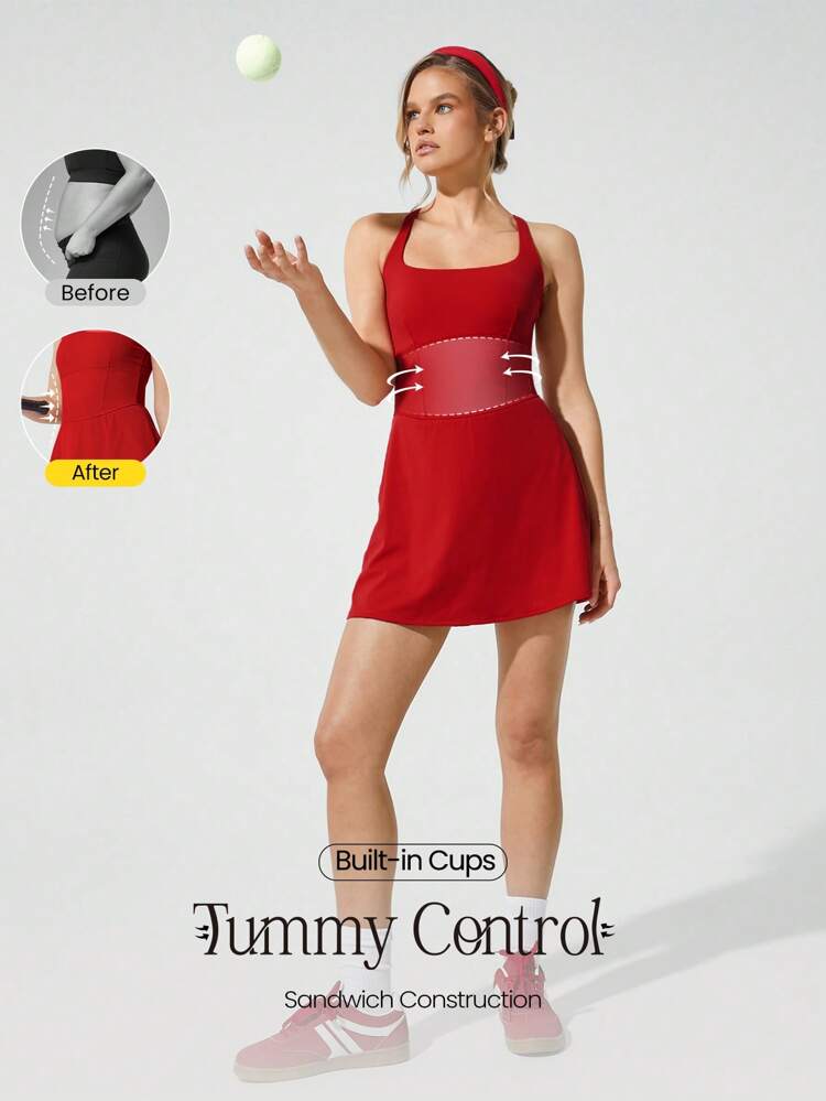 Abito con scollo quadrato, pantaloncini integrati, tasche laterali, grip antiscivolo, FeatherFit ™ -Air traspirante e ad asciugatura rapida, adatto per tennis, golf, palestra e uso casual quotidiano