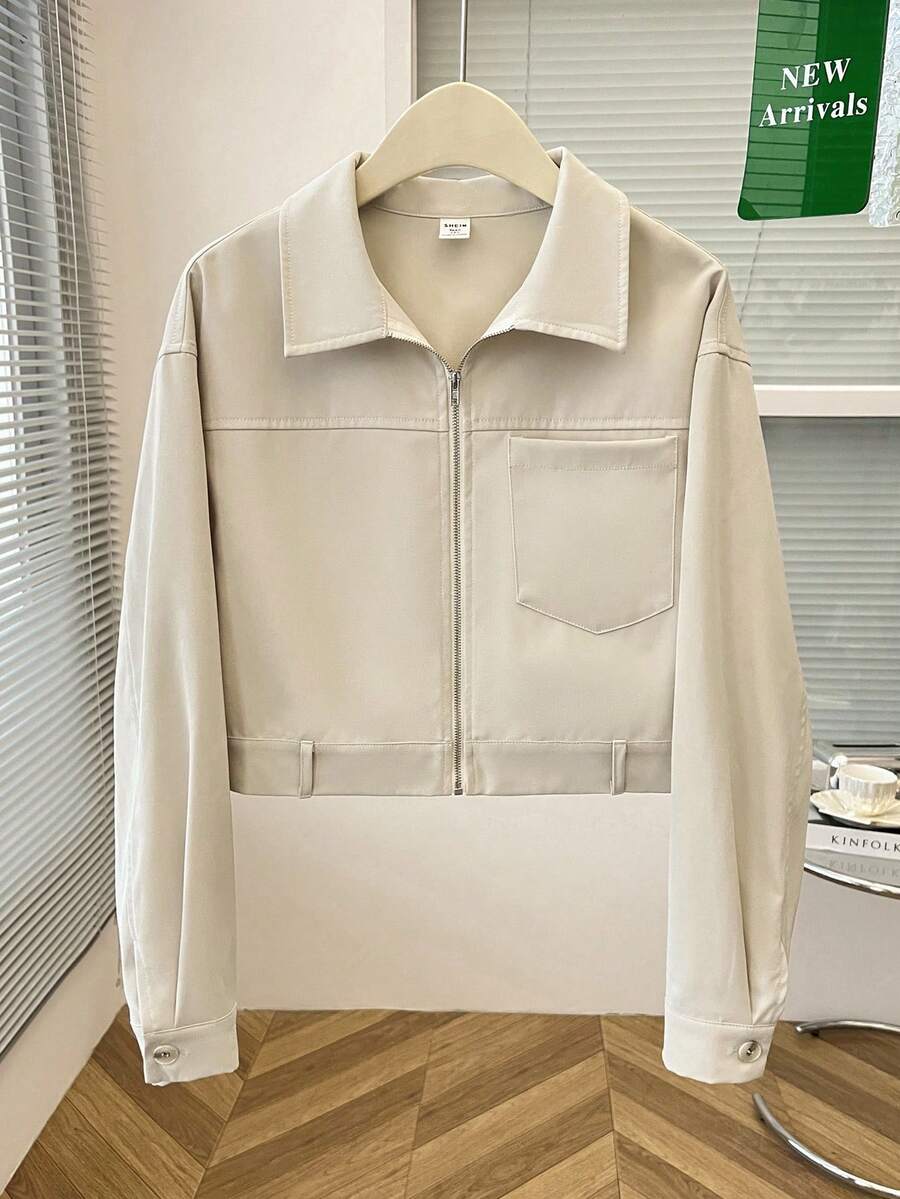 SHEIN Teen Girls' Casual Apricot Pocket Zip Up Collar Biker Jacket, Fashion Outerwear Autumn Winter Clothes FoGirlen - Apricot - View 1