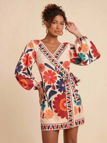 Travachic Women's Casual Floral Print Tie-Front Mini Wrap Dress, Resort Wear,Fall Women Clothes,Fall Clothes,Wrap Dress,Vacation,Homecoming Dress - Apricot - View 4