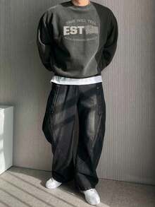 DAZY 男士灰色字母与美国国旗印花套头圆领运动衫，秋季 - 灰色 - 查看 6