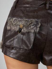 ROMWE Quần short ngắn cạp thấp bằng vải PU chắp vá lông thú phong cách miền Tây Y2K Hippie dành cho nữ - màu nâu - Xem 4