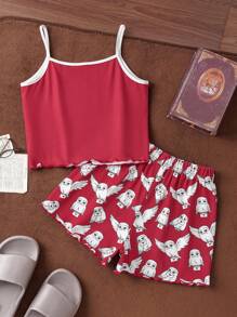 HARRY POTTER X SHEIN Tween Girl Cartoon Owl Print Red Loose Camisole And Shorts Pajama Set, Comfortable Flame Retardant Fabric For Summer - Multicolor - View 2