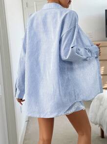 SHEIN LUNE 女士三件套：纯色蕾丝边吊带背心、条纹短裤和条纹长袖纽扣衬衫，适合日常休闲穿着和机场装 - 藍白色 - 查看 4