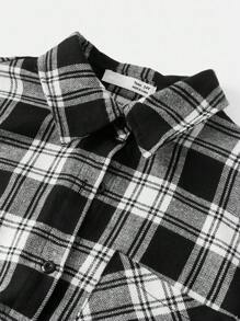 SHEIN Girlism 3 件套青少年女孩格子长袖衬衫、黑色短款背心和骑行短裤休闲校园风服装 - 黑與白 - 查看 3