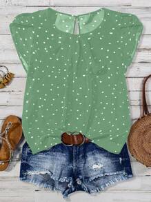 SHEIN JORESS Plus Size Women's Casual Asymmetrical Cap Sleeve Shirt With Small Hearts Design - Mint Green - View 1