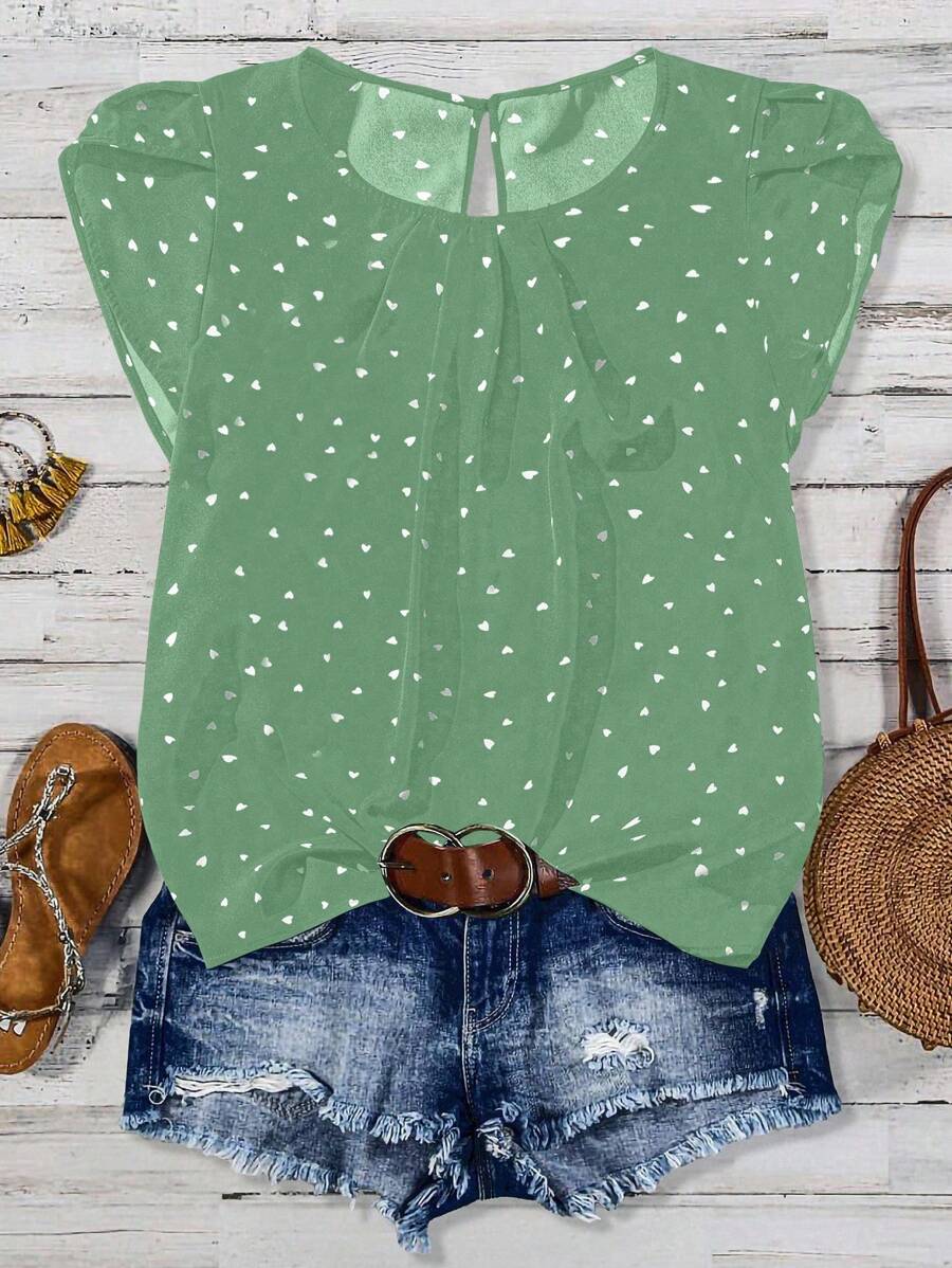 SHEIN JORESS Plus Size Women's Casual Asymmetrical Cap Sleeve Shirt With Small Hearts Design - Mint Green - View 1