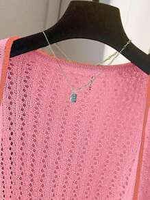 Chiquease Women Contrast Trim Hollow-Out Knit Lightweight Cardigan - Pink - View 5