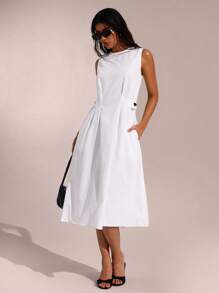 SHEIN Forever 21 女式夏季休闲纯色无袖侧口袋褶皱长款连衣裙 - 白色 - 查看 1
