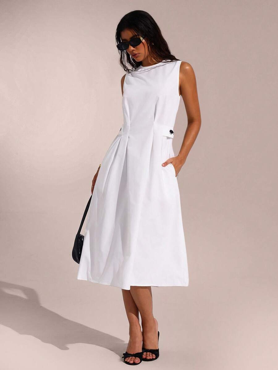 SHEIN Forever 21 女式夏季休闲纯色无袖侧口袋褶皱长款连衣裙 - 白色 - 查看 1