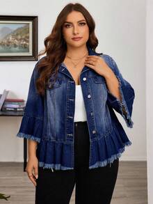 EMERY ROSE 大码女式流苏喇叭袖单排扣褶边休闲牛仔夹克 - 深色水洗藍 - 查看 1