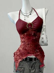 SHEIN EZwear Camiseta informal de encaje con estampado floral retro para mujer, adecuada para el verano