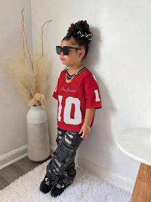 年轻女孩休闲街头风V领宽松短袖衬衫红色球衣足球T恤 - 紅色 - 查看 5