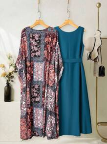 Al Najma Áo khoác cardigan tay cánh dơi in hoa cỡ lớn cho nữ & váy không tay trang phục Ả Rập - màu xanh lá - Xem 2