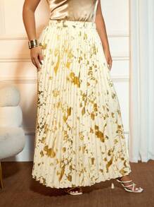 Cravure Plus Size Women's Elegant Pleated Flare Metallic Skirt - Champagne - View 4