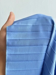 Elenzga 女士加大码优雅提花面料泡泡袖，缺口领，纽扣装饰，后拉链，腰带蝴蝶结，褶皱设计连体裤，适合派对和聚会，2025 年新款 - 藍色 - 查看 7