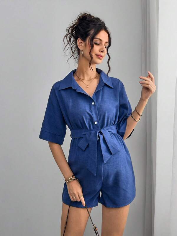 SHEIN Maternity Jumpsuit With Half Collar Shirt, Front Tie Bow, Front Button, Belt, Wide Leg Shorts