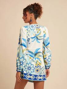 Travachic Vestido corto de manga larga con estampado de palmeras y cierre delantero de lazo, estilo de vacaciones para mujer - Azul - Ver 3