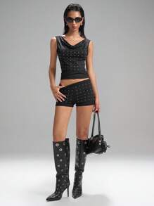 LYSMO Women's Fashion Rhinestone Decor Asymmetric Collar Top, Minimalist Chic,Grunge And Punk Chic, Y2K Clothes, Edgy Clothes Woman And Unique Clothes 2025 New Arrival - Black - View 9