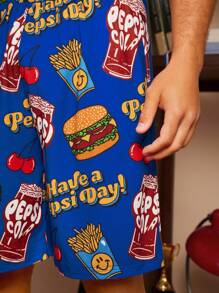 PEPSI X SHEIN Herren Sommer Lässig Set aus Oversized T-Shirt mit Soda Slogan Grafik und Shorts als Pyjama