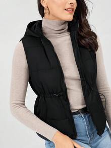 Miaspire Drawstring Waist Zipper Hooded Vest Black Casual Coat - Black - View 6