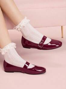 CUCCOO DOLLMOD Wine Red Crinkle Textured Square Toe 1CM Combo Heel Comfortable Flat Shoes For Women - Burgundy - View 1