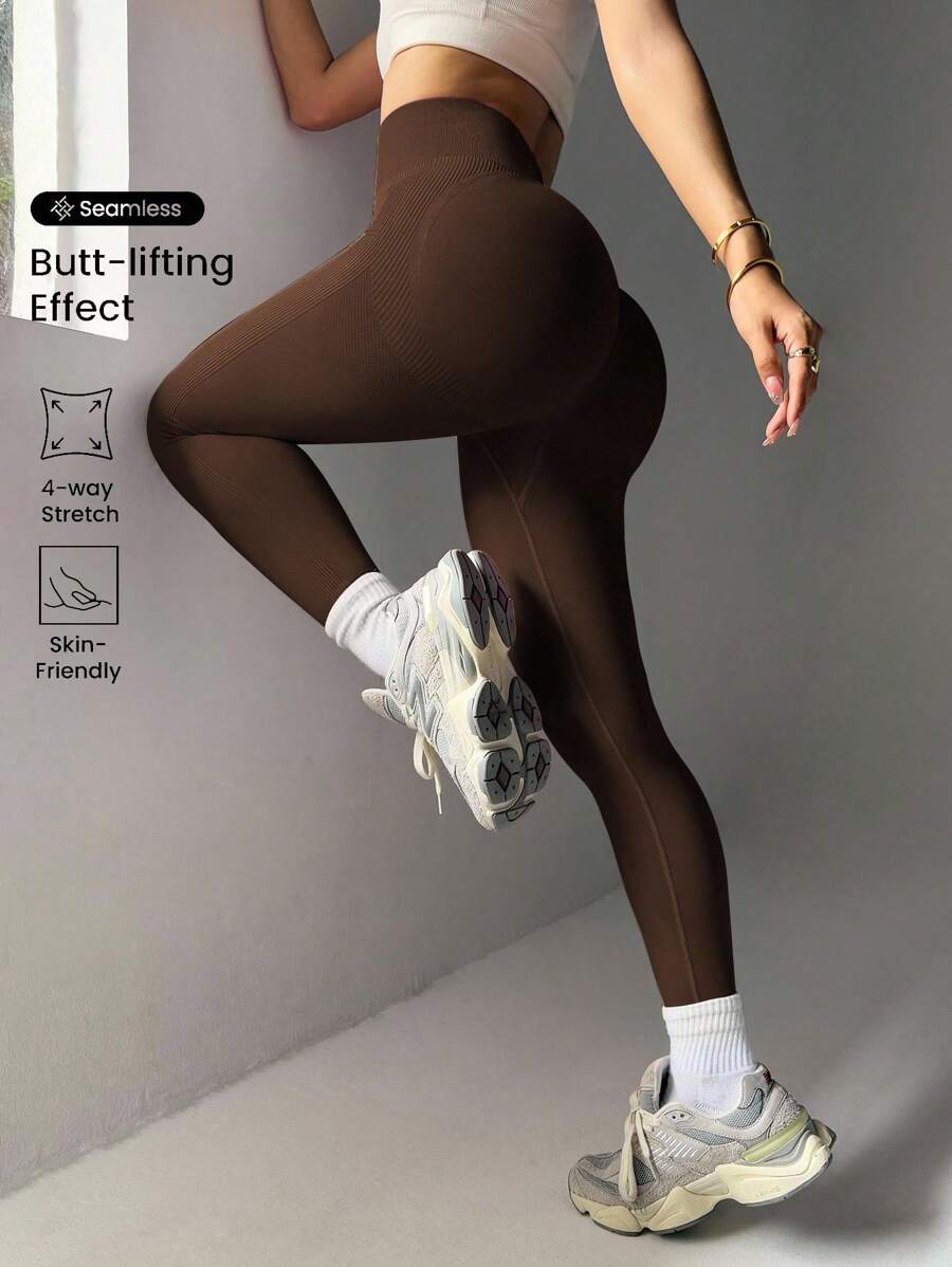 Gameset SHEIN Sport 瑜伽打底褲無縫寬腰帶緊縮褶皺臀部訓練緊身褲