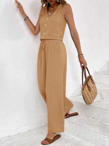 SHEIN Frenchy Set de 2 piezas para mujer de top con decoración de botones y pantalones rectos de unicolor para verano