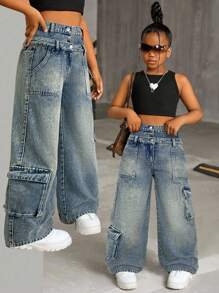 Tween Girls Fashion Casual Y2k Vintage Cool Double Waistbands And Workwear Pockets Comfortable And Nostalgic Blue Loose Work Jeans For Tween Girl Clothes Girls Soft Dailywear And Tween Girl Summer And Fall Rave Outfits Festival And Beach Outfits Streetwear School Clothes Tween Girl Wide Leg Jeans Tween Girl Baggy Jeans Y2k Jeans Winter - Blue - View 3