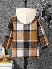 小男孩格子单排扣休闲连帽夹克 - 棕色 - 查看 2