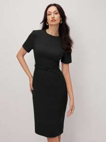 BizChic 2025 女士黑色短袖中长连衣裙，浪漫优雅，百搭，商务休闲，办公室穿着，适合日常通勤，优雅复古风格